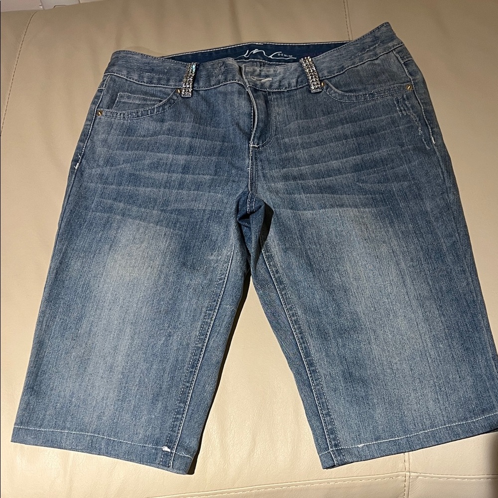 Blue Denim Shorts With Rhinestones